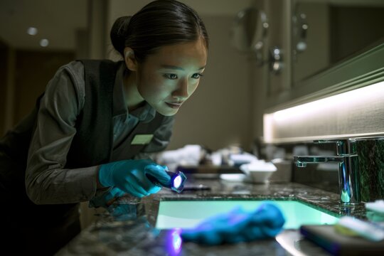 Housekeeper inspecting hotel bathroom sink with UV flashlight for hygiene