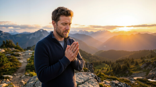 Christian man praying on a mountain peak at sunset. Adult male with clasped hands and closed eyes in nature. Biblical transfiguration theme and spiritual faith concept