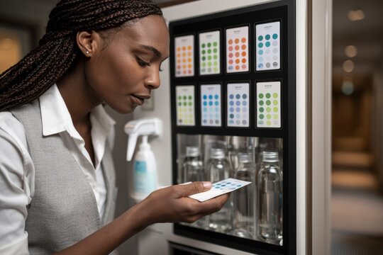 Housekeeper Checking Color-Dot Inspection Card at Hotel Water Refill Station