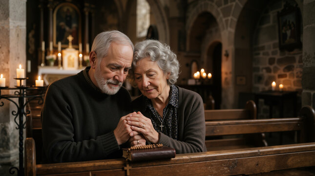 Elderly couple praying together in a church. Devout senior man and woman holding hands over a bible. Religious faith and spiritual devotion concept