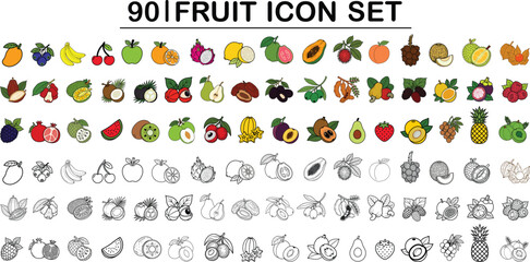 Massive 90 fruits icons vector mega bundle, premium tropical citrus berry collection featuring fresh sweet fruit silhouette and coloring book linear art commercial design. © Porshi