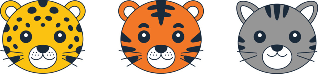 Cute wild animal face collection illustration, cartoon leopard tiger and cat characters colorful vector artwork © Billal