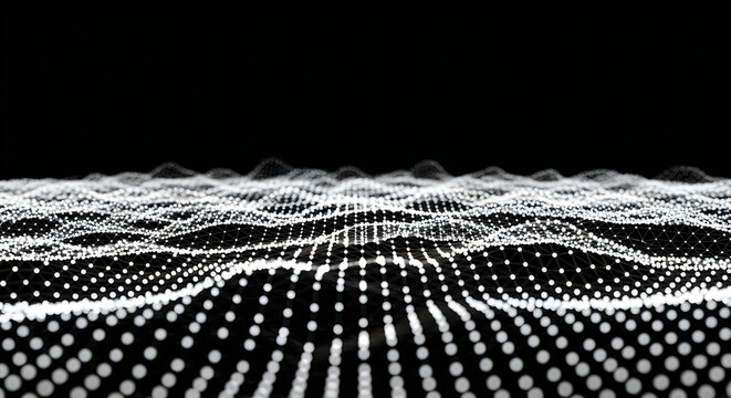 Abstract digital landscape featuring glowing white dots connected by thin lines forming a complex geometric wave pattern on black background