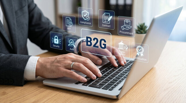 Businessperson using laptop with B2G icons and network connections overlay