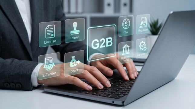 Businesswoman working on laptop with G2B icons and digital interface