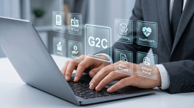 Businessman typing on laptop with G2C government services interface overlay