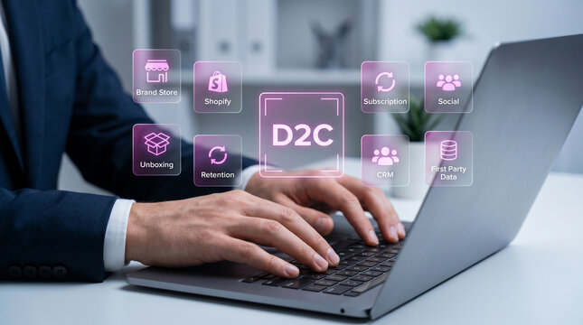 Businessman typing on laptop with D2C icons and business strategy interface overlay