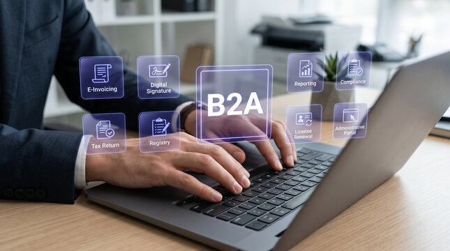 Businessman typing on laptop with B2A business concept icons floating above keyboard