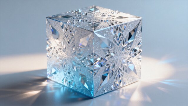 Faceted crystal cube with light reflections