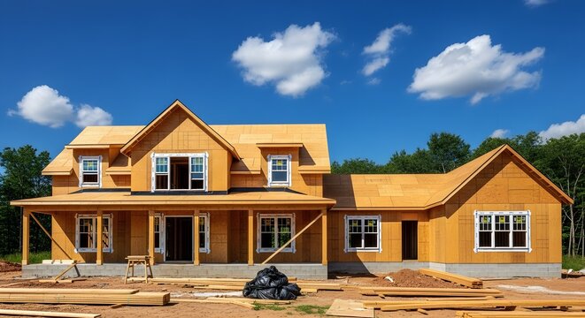 Newly constructed suburban duplex home framed with wooden beams under a clear blue sky with scattered clouds.