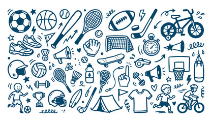 Hand drawn sports equipment and fitness doodle element set with balls bicycle and skateboard  © Arshad