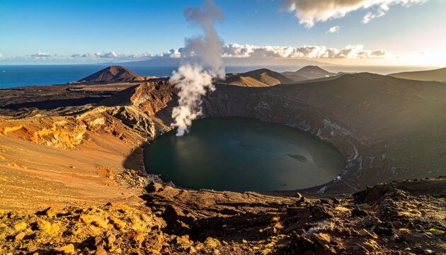 Volcanic caldera on Firefly Island spewing steam under a bright blue sky with distant mountains