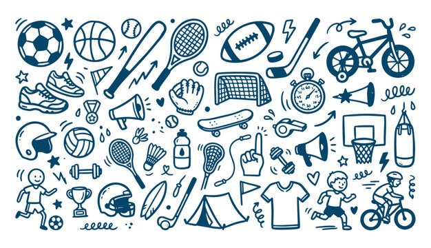 Hand drawn sports equipment and fitness doodle element set with balls bicycle and skateboard 
