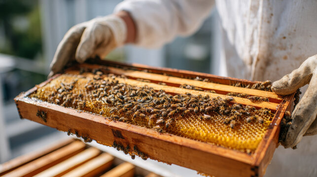 Beekeeper holding a wooden frame covered with honeybees and honeycomb during a sunny day at an apiary. Close up view highlights the intricate details of beekeeping and honey production