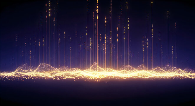 Abstract digital landscape featuring glowing binary code streams rising from a golden mesh surface against a dark blue background environment