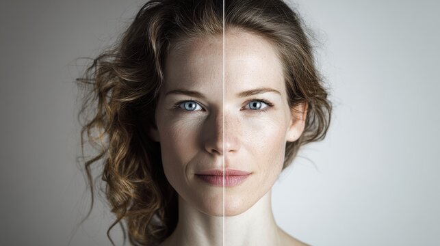 Close-up portrait showing photoaging, freckles and pigmentation caused by sun exposure, highlighting UV damage, skin protection, spa care and anti-aging skincare