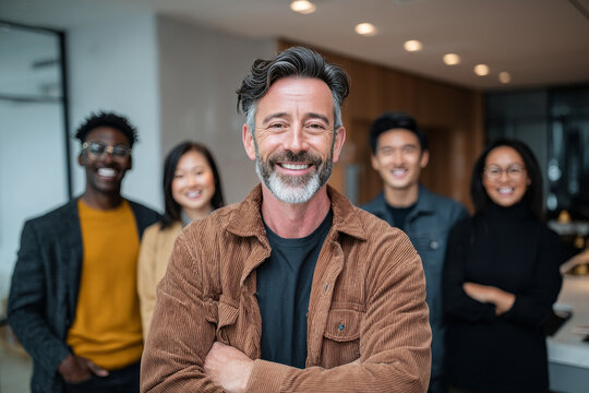 Confident mature businessman with gray hair, beard stands smiling with arms crossed in modern office. Diverse team young professionals stands together in background, creating positive atmosphere