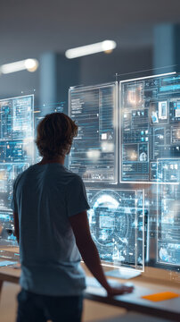 A young man interacts with futuristic transparent digital screens displaying data, graphics, and holograms in a modern high tech workspace. Advanced technology and innovation concept
