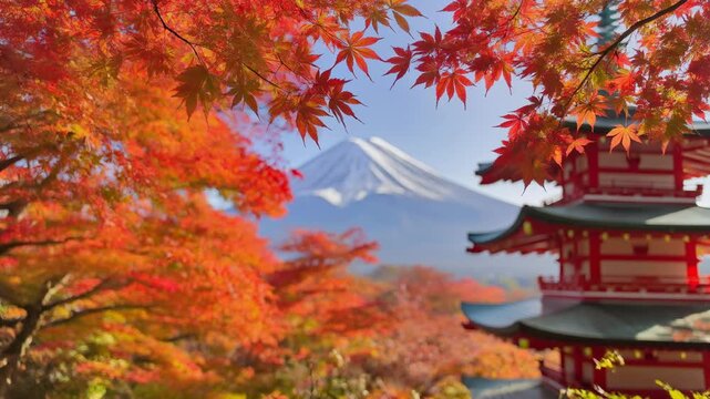 Mount Fuji and Chureito Pagoda in Autumn 4K Generative AI
