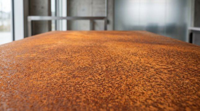 Close up perspective of a textured rusted metal table surface in a modern interior setting. Industrial design, urban decay, aged material.