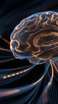 Futuristic digital brain with glowing neural pathways visualized in abstract style. Artificial intelligence and neural network technology concept for innovation and science backgrounds