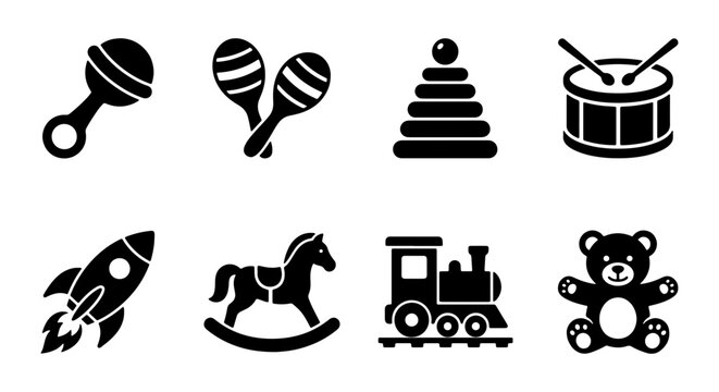 Vector Toy Icons Set: Classic Children's Playthings, Baby Rattle, Maracas, Stacking Rings, Drum, Rocket, Rocking Horse, Train, Teddy Bear