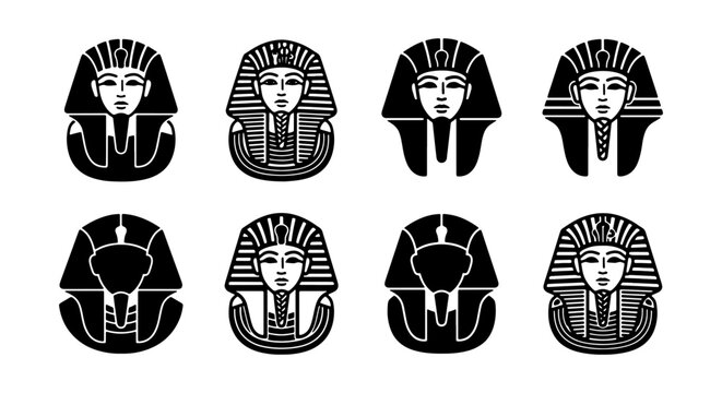Egyptian Pharaoh Headdress Icons, Ancient King Portrait Graphics, Pharaoh Mask Symbols, Historical Egyptian Art Collection