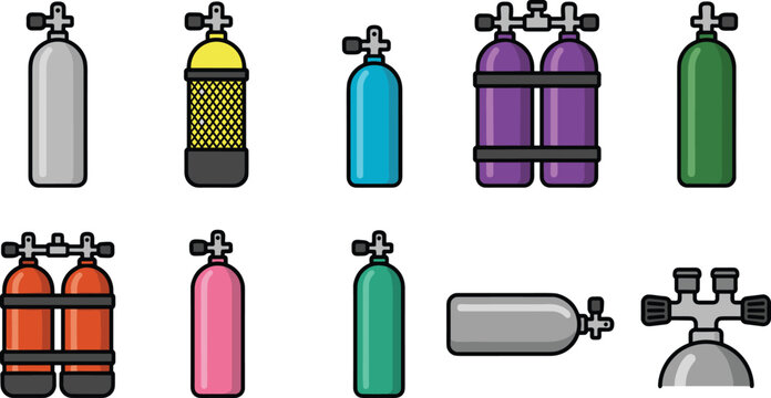 Scuba Diving Cylinder and Oxygen Tank Icon Set with Twin Doubled Tanks Valves and Colorful Gas Bottles for Underwater Equipment Layouts