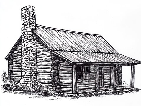 Black and white illustration of a simple log cabin with a stone chimney and porch