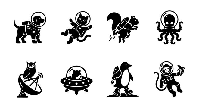 Space Animals Icons Set: Astronaut Dog, Cat, Squirrel Rocket, Alien Octopus, Owl Satellite, Penguin, Monkey