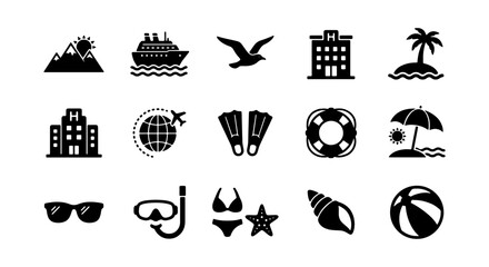 Travel Icons Set, Vacation Symbols Collection, Holiday Icons, Beach, Cruise, Hotel, 15 Vector Elements © Sadikur