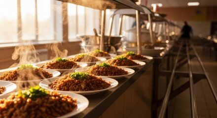 Obraz premium Steaming plates of buckwheat kasha served on a cafeteria counter in warm golden hour light, offering comforting communal meals.