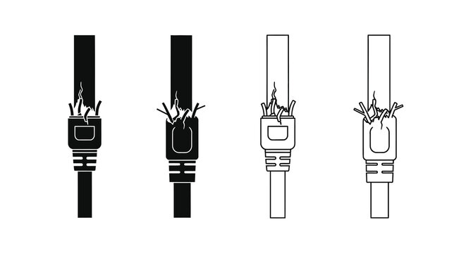 Damaged ethernet cable with broken connector black and white silhouette