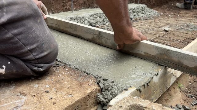 Mason leveling wet concrete foundation with a screed board