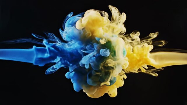 Blue and yellow ink dissolving in water with fluid motion during expansion against dark background