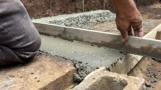 Construction worker smoothing wet cement foundation with screed board