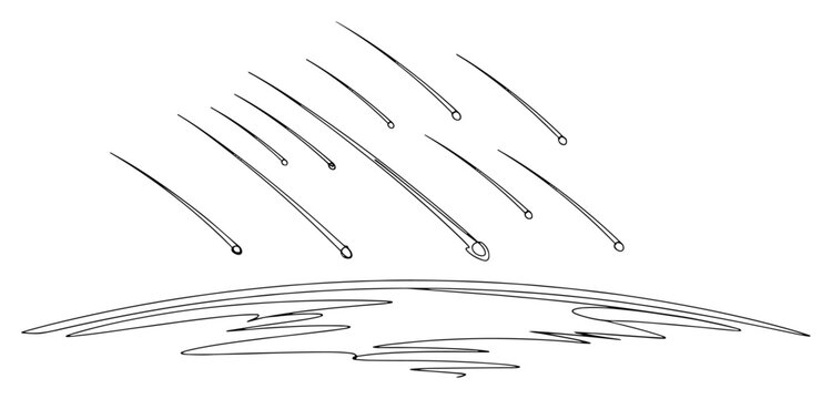 Shooting stars meteor shower over horizon one line art, minimalist night sky cosmic landscape single line drawing