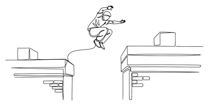 Parkour athlete jumping between city rooftops single line art, minimalist urban extreme sports and freedom concept monoline illustration