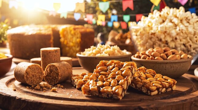 A festive spread of traditional Brazilian Festa Junina snacks including pe-de-moleque, pacoca, popcorn, and corn cake, decorated with colorful party flags.
