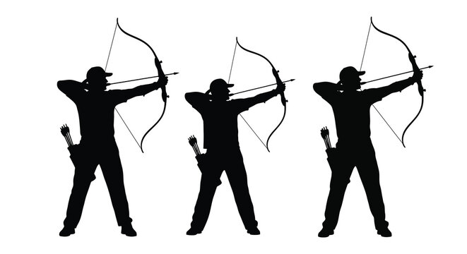 Archers with bows and arrows in dynamic poses black silhouette