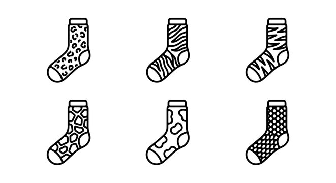 Six Vector Socks with Animal Prints and Geometric Patterns, Black and White Line Art Icons for Fashion and Apparel Design
