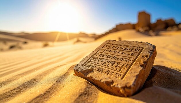 Ancient Clay Tablet with Hieroglyphic Inscriptions Partially Buried in Desert Sand Under Bright Sunlight