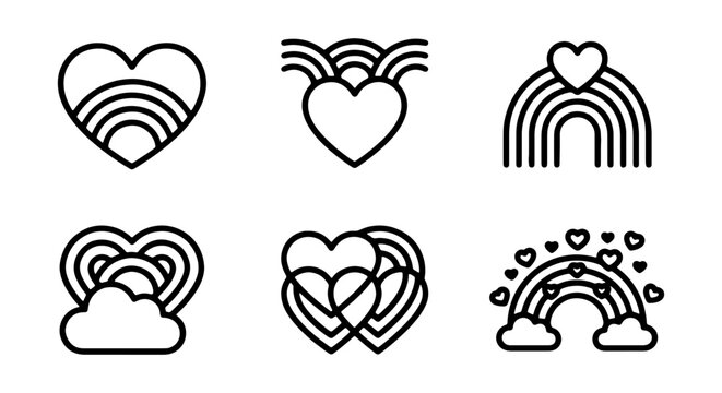 Rainbow Heart Icons Set, Love Symbol Graphics, Romantic Cloud Elements, Valentine's Day Vector Collection, Simple Line Art Graphics
