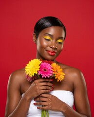 Fototapeta premium Portrait of a radiant African American woman with colorful flowers and vibrant makeup against a red background
