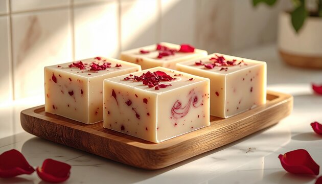 Artisan handmade soap bars with rose petals displayed on a wooden board, showcasing natural ingredients and luxurious skincare.