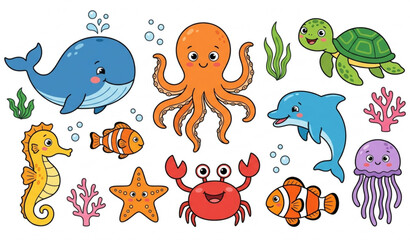 Cartoon sea creature vector pack featuring whale octopus and crab characters © MstLima