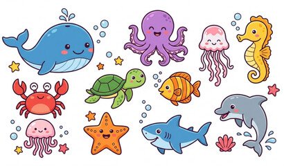 Cute cartoon sea creature collection with whale octopus and crab vector illustration © MstLima