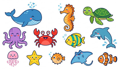 Playful ocean animal cartoon set with whale octopus crab vector designs © MstLima