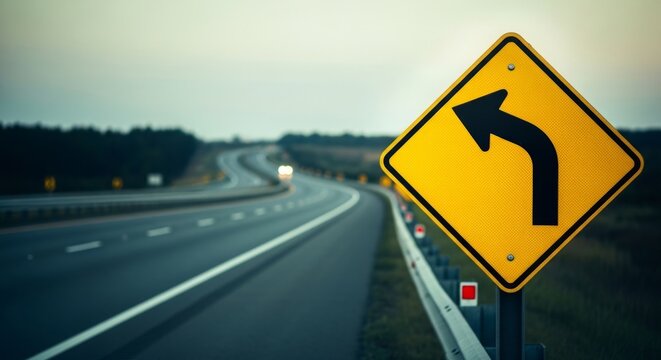 Sharp turn traffic sign on empty highway at dusk, warning of road ahead, with copy space for design