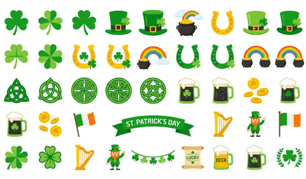 St Patrick&rsquo;s Day icon set with shamrock leprechaun and lucky holiday symbols